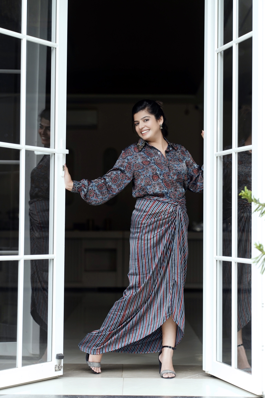Assorted Print Ajrakh Drape Skirt With Collar Shirt